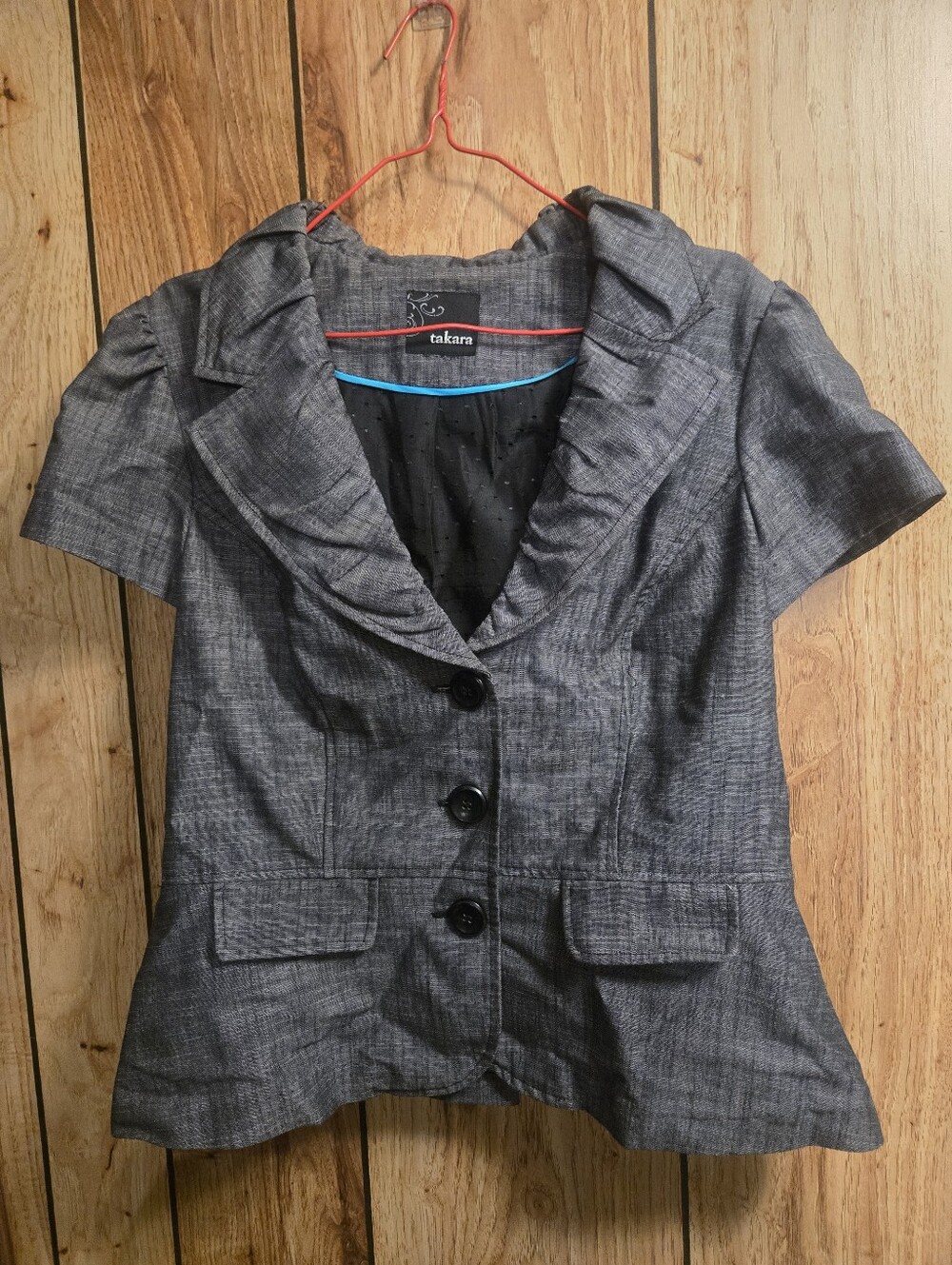 EUC Takara grey ruffled short sleeve cropped blazer XL